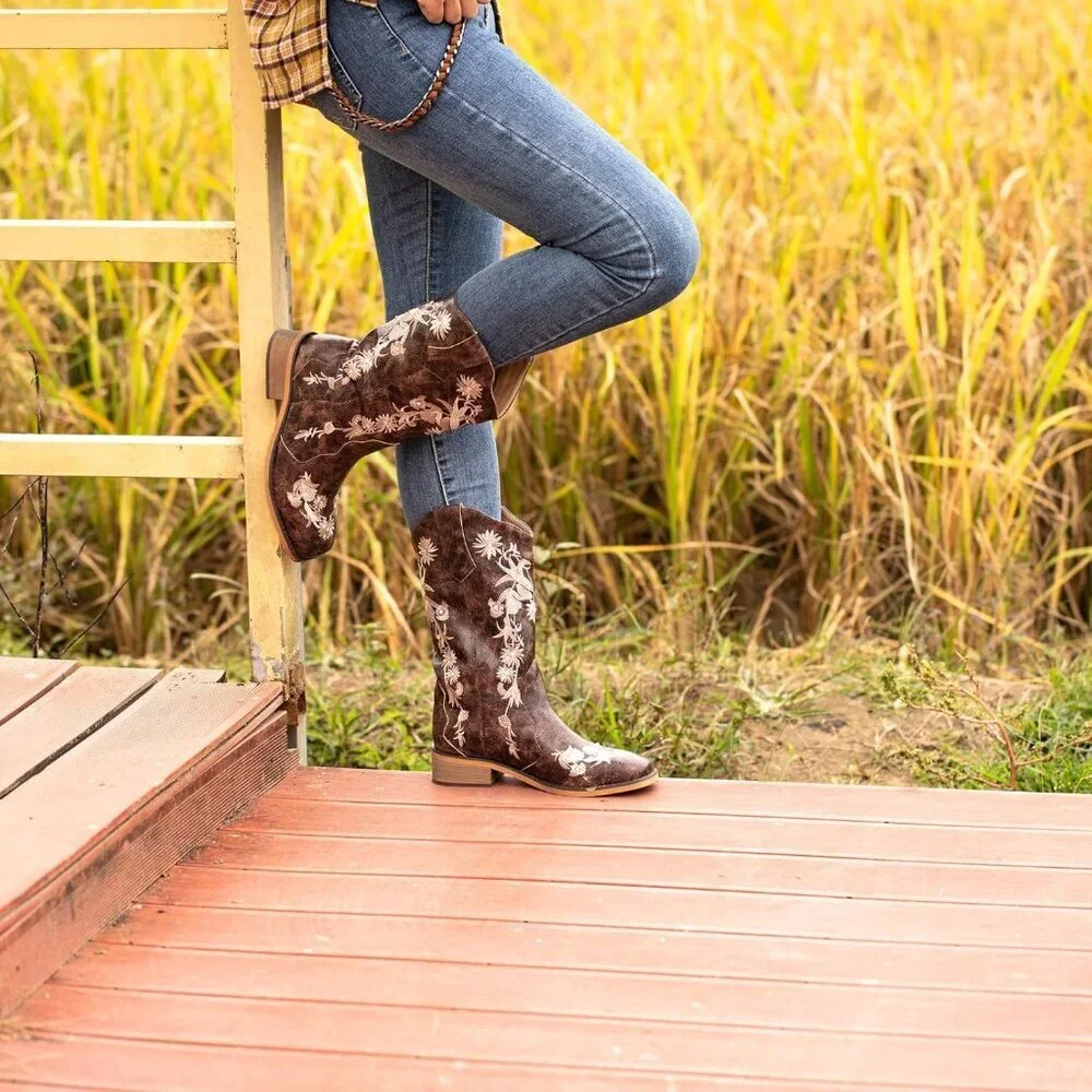 SheSole Womens Brown Ladies Cowgirl Boots Cowboy Mid Calf Square Toe - Picture 8 of 9